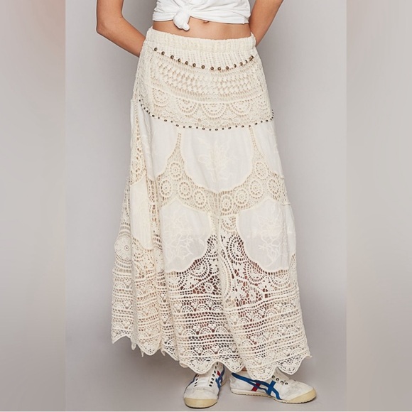 POL Cream Crochet Knit Metallic Beaded Elastic Waist Maxi Skirt - Picture 9 of 9